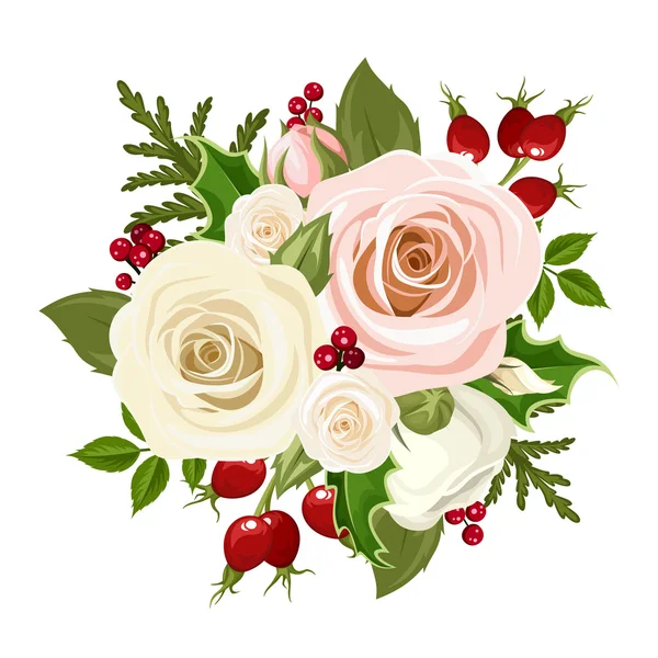 Buquê de Natal com rosas rosa e branca, rosa mosqueta, azevinho e ramos de abeto. Ilustração vetorial . —  Vetores de Stock