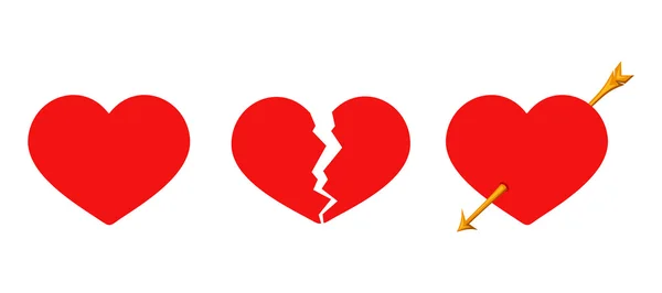 San Valentín rojo corazones sólidos, agrietados y penetrantes flecha. Ilustración vectorial . — Vector de stock