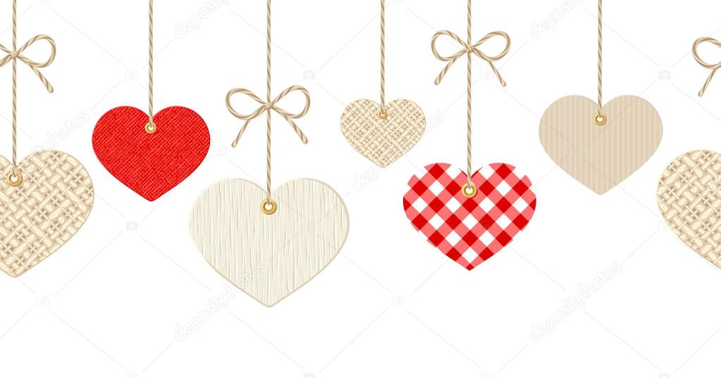 Valentines horizontal seamless background with hanging hearts.