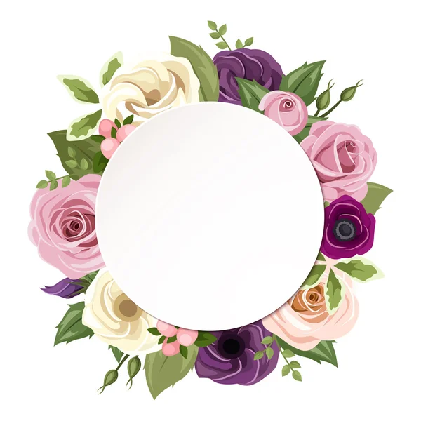 Fundo com rosa, rosas roxas, laranja e branco, lisianthus e anêmona flores. Vetor eps-10 . — Vetor de Stock