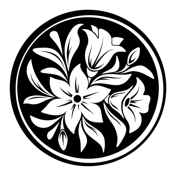 Adorno de flor blanca sobre un fondo de círculo negro. Ilustración vectorial . — Archivo Imágenes Vectoriales