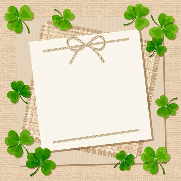 St. Patrick's day kort med shamrock på säckväv bakgrund. Vektor eps-10. — Stock vektor