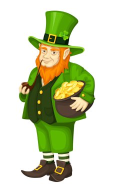 Pot altın ve boru ile İrlandalı cüce cin. Vektör çizim.