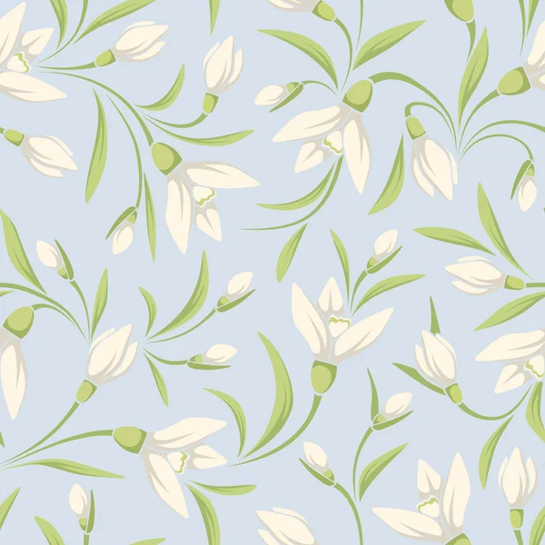 Seamless pattern with white snowdrop flowers on a blue background. Vector illustration. — Stock Vector