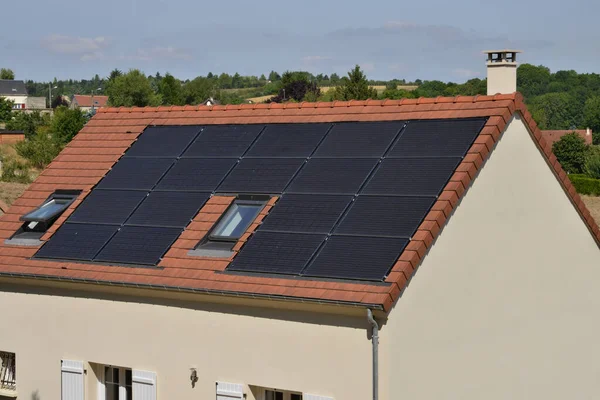 Ile France Photovoltaic Panels Roof House Village Oinville Sur Montcient — Stock Photo, Image