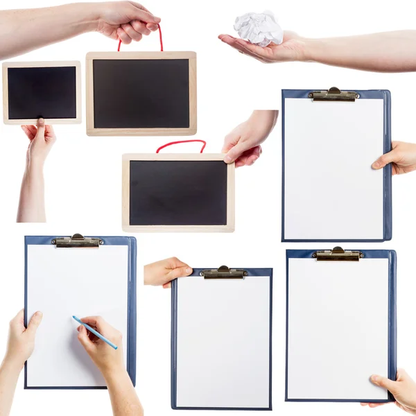 Collection of hands holding clipboards, blackboards and paper — Stock Photo, Image