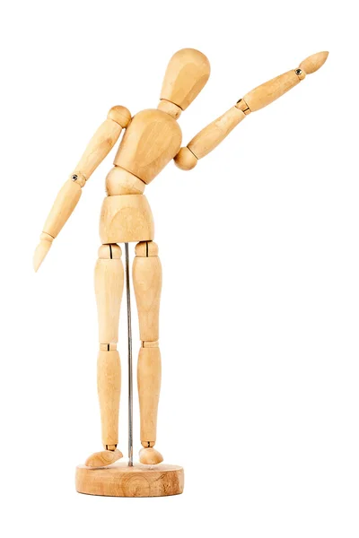Wooden dummy with raised hand — Stock Photo, Image