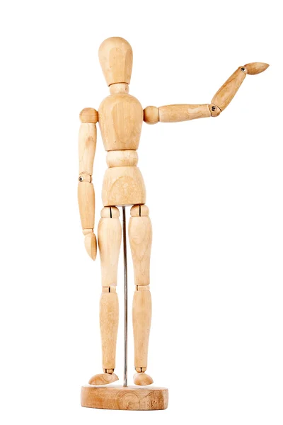 Wooden dummy with raised hand — Stock Photo, Image