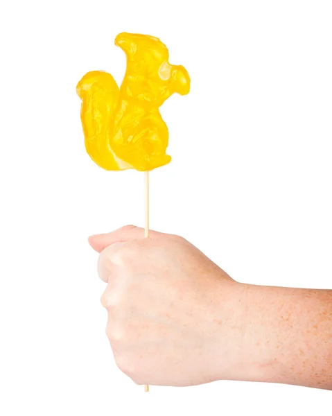 Hand holding squirrel shape lollipop — Stock Photo, Image