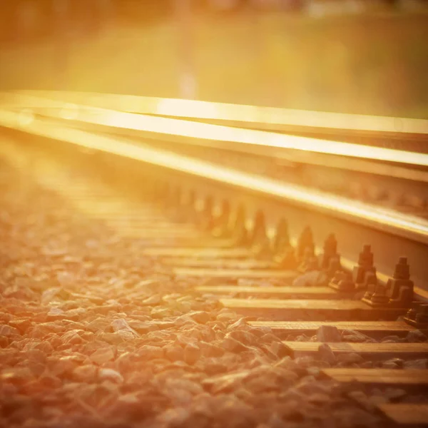 Focused Curved Railroad Tracks Sunset Lens Flare — Stock Photo, Image