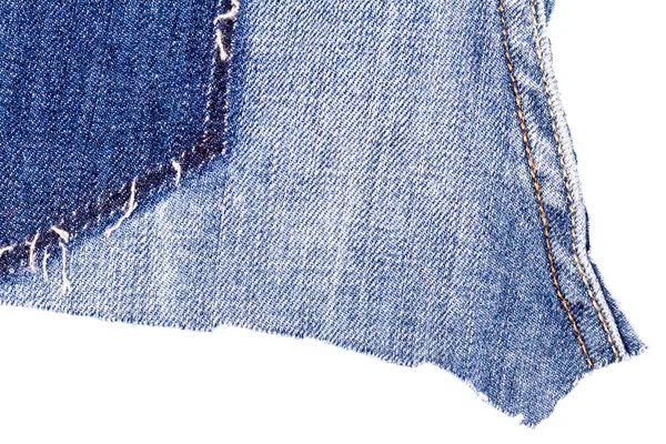 Stuk Blauwe Jeans Stof Met Een Gescheurde Achterzak Geïsoleerd Witte — Stockfoto