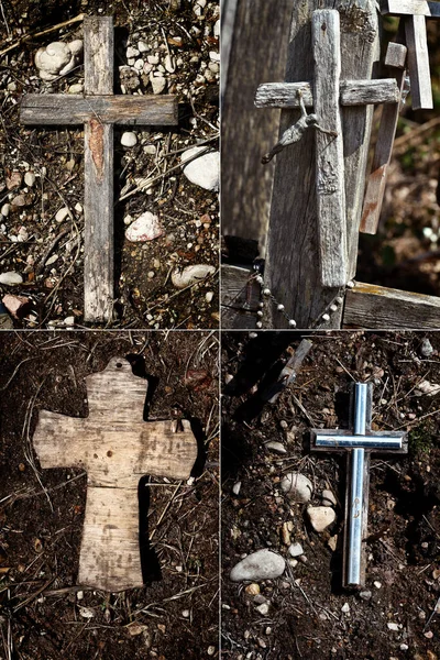 Verzameling Van Beelden Met Oude Houten Kruisen Liggend Een Grond — Stockfoto