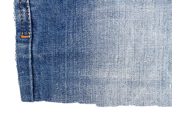 Snijd Van Blauwe Jeans Stof Geïsoleerd Witte Achtergrond Ruwe Oneffen — Stockfoto