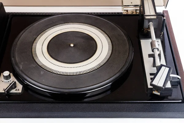 Close Vintage Turntable Vinyl Record Player Wooden Plinth Retro Audio — Stock Photo, Image