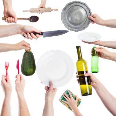 Hands holding various kitchen utensils clipart