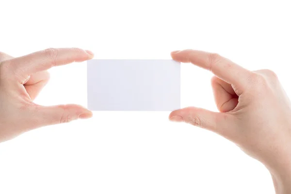 Business card in female hands — Stock Photo, Image