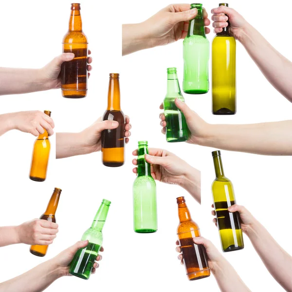 Colección de manos femeninas sosteniendo botellas de alcohol — Foto de Stock