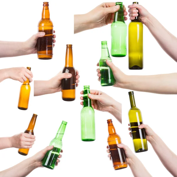 Collection of female hands holding bottles of alcohol — Zdjęcie stockowe