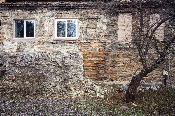 Ve věku cihlová zeď s okny a strom — Stock fotografie