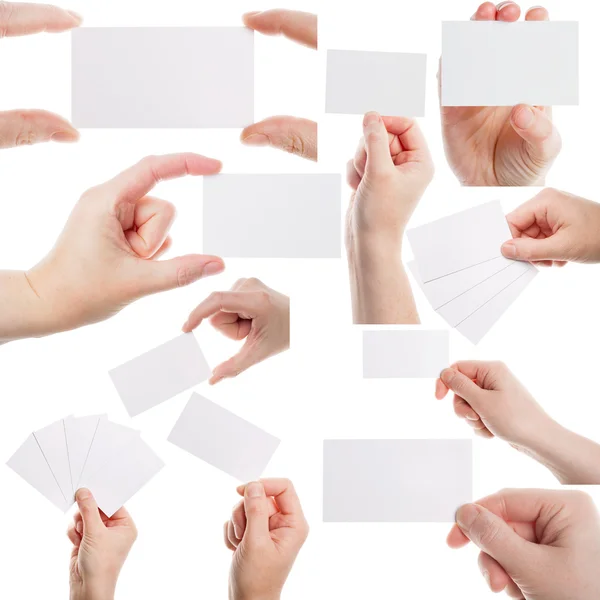 Set of female hands holding business cards — Stock Photo, Image