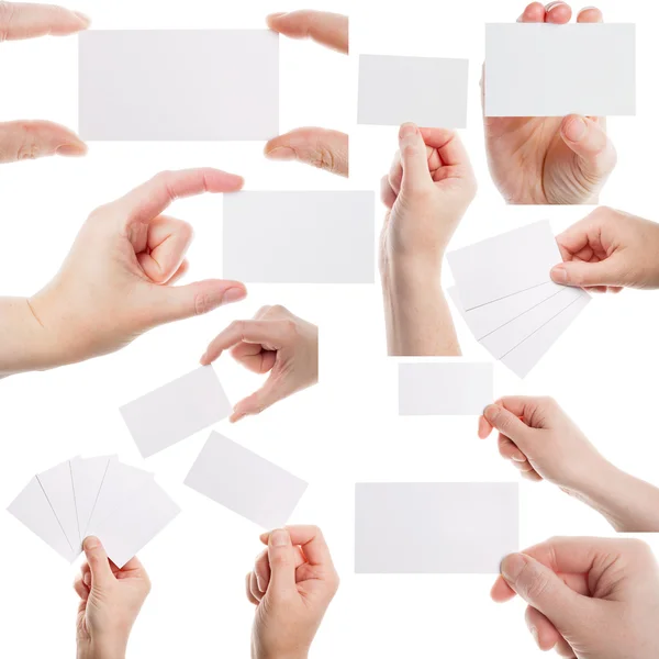 Satz weiblicher Hände mit Visitenkarten Stockbild