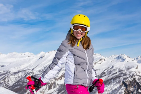 Portrait Happy Young Girl Skier Preparing Ride Downhill Steep Slope — Stock Photo, Image