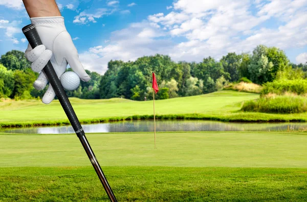 Golfkesztyűt Viselő Játékos Egy Golflabdát Egy Golfütőt Tart Ujjai Között — Stock Fotó