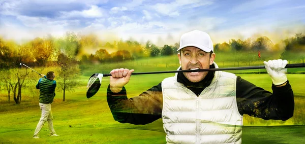 Primer Retrato Jugador Golf Picando Palo Golf Campo Golf Con —  Fotos de Stock