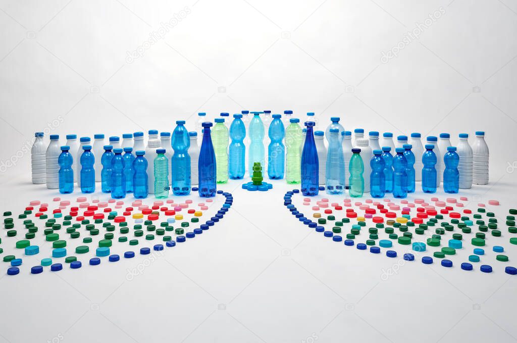 Plastic bottles, plastic caps. Plastic city concept. Plastic free concept.