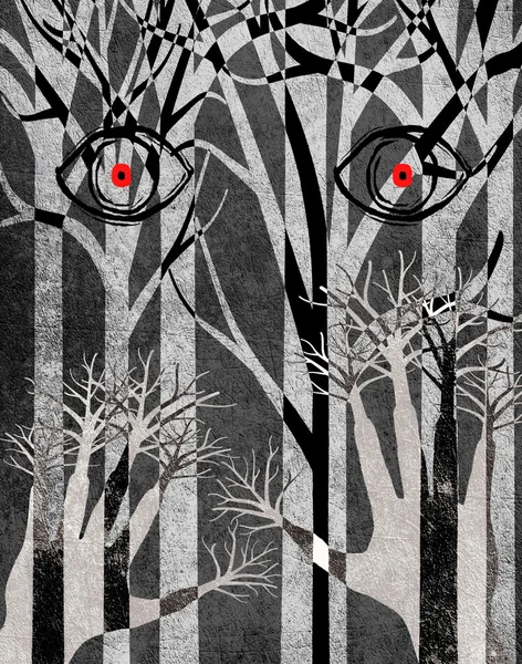 Forest with eyes and hands digital illustration — Stock Photo, Image