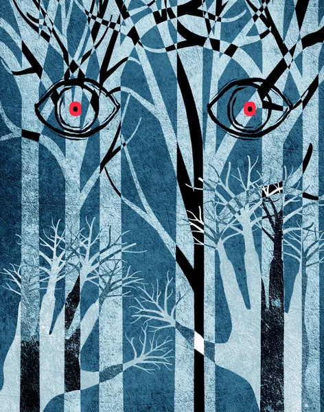 Forêt bleue avec yeux et mains illustration numérique — Photo