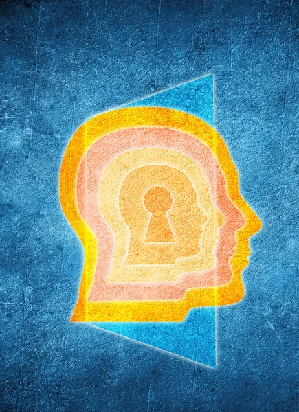 Colored human head with keyhole and door — Stock Photo, Image