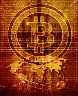 Dijital arka plan ile bitcoin sembol ve Dünya Haritası