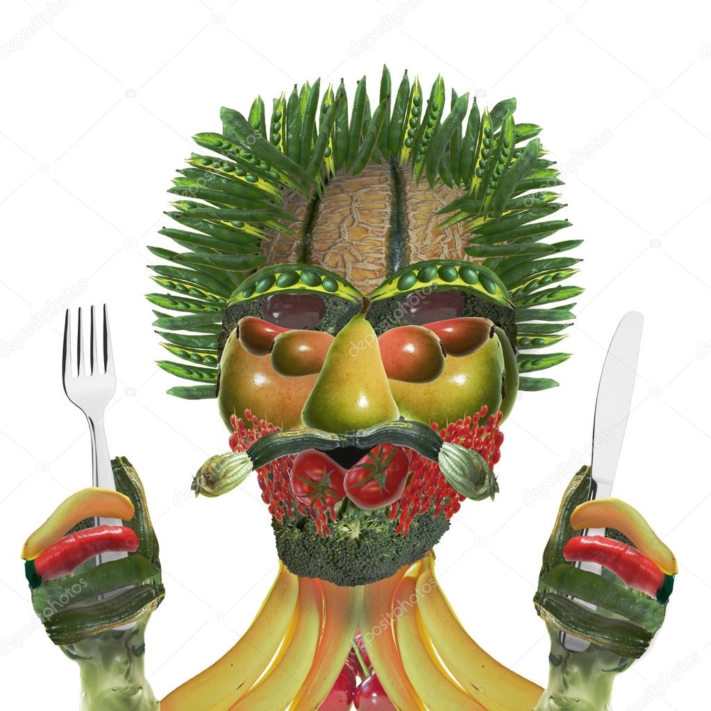 vegetable man with knife and fork