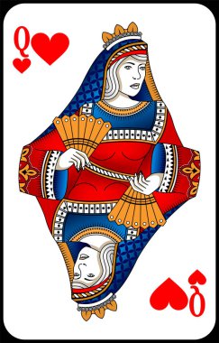 Poker, kart kraliçesi kalpleriyle oynuyor. Oyun kartlarının yeni tasarımı.