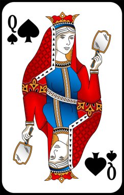 Poker oynayan kraliçe maça. Oyun kartlarının yeni tasarımı.
