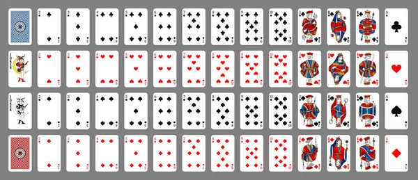 Gri arkaplanda izole edilmiş kartlarla poker seti. Poker kartları, tam deste. Oyun kartlarının yeni tasarımı.