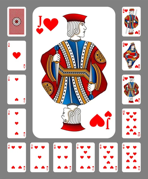 在绿色背景上玩红心牌 原来的设计 新设计的扑克牌 — 图库矢量图片
