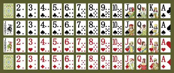 Yeşil arka planda izole edilmiş kartlarla poker seti. Poker kartları - full deck - mobil uygulamalar için minyatür oyun kartları. Vektör illüstrasyonları