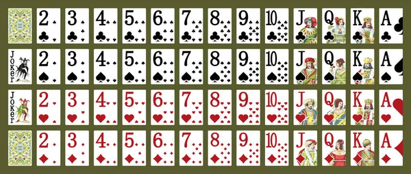 Yeşil arka planda izole edilmiş kartlarla poker seti. Poker kartları - full deck - mobil uygulamalar için minyatür oyun kartları. Vektör illüstrasyonları