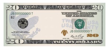 Amerikan Doları 20 banknot - Amerikan Doları nakit para beyaz arka planda izole. Vektör illüstrasyonu