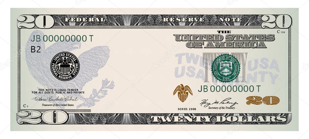 US Dollars 20 banknote -American dollar bill cash money isolated on white background. Vector illustration