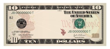 Amerikan Doları 10 banknot - Amerikan Doları nakit para beyaz arka planda izole. Vektör illüstrasyonu