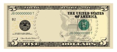 Amerikan Doları 5 banknot - Amerikan Doları nakit para beyaz arka planda izole. Vektör illüstrasyonu
