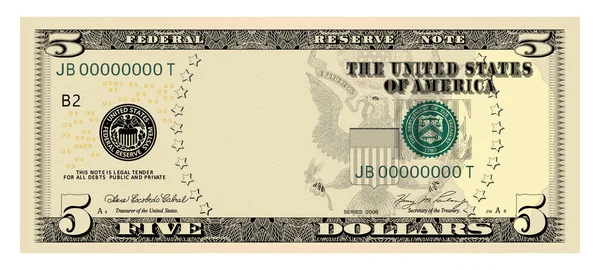 Amerikan Doları 5 banknot - Amerikan Doları nakit para beyaz arka planda izole. Vektör illüstrasyonu
