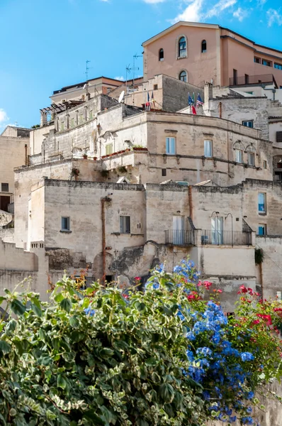 Budynki i kwiaty w Sassi di Matera — Zdjęcie stockowe