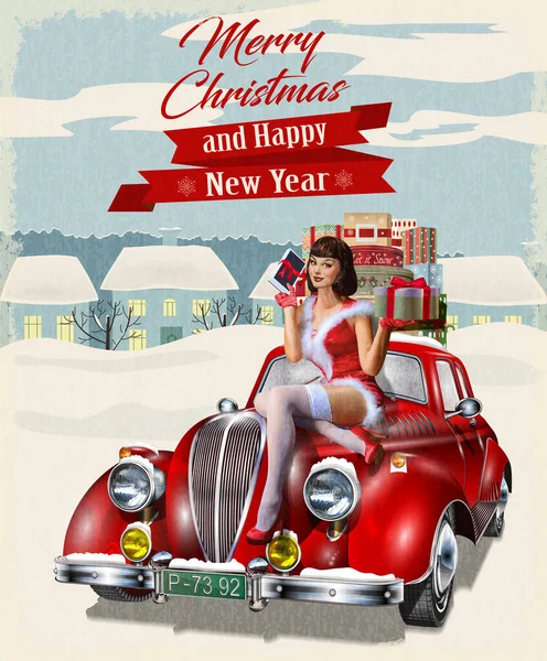 Elinde hediye kutusuyla elinde Noel broşürü taşıyan kız. Mutlu Noeller ve yeni yıl kartpostalları..