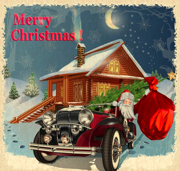 Noel tebrik kartı ve Noel Baba retro arabada..
