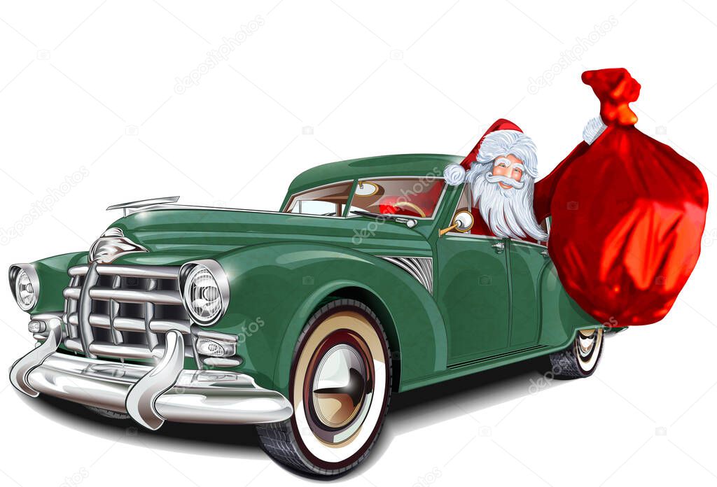 Santa Claus with gifts in retro car isolated on white background.                     