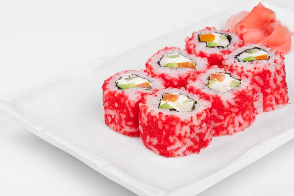 Sushi roll with salmon, crab, shrimps and caviar. — Stock Photo, Image